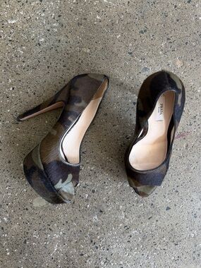 prada platform heels pony hair camo